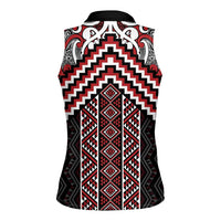 Maori Tukutuku Taniko Motifs Women Sleeveless Polo Shirt Red Poutama Mix Kowhaiwhai