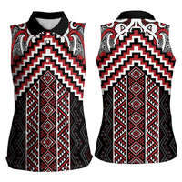 Maori Tukutuku Taniko Motifs Women Sleeveless Polo Shirt Red Poutama Mix Kowhaiwhai