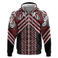 Maori Tukutuku Taniko Motifs Zip Hoodie Red Poutama Mix Kowhaiwhai