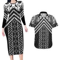 Maori Tukutuku Taniko Motifs Couples Matching Long Sleeve Bodycon Dress and Hawaiian Shirt Black Poutama Mix Kowhaiwhai LT7 Black - Polynesian Pride