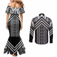 Maori Tukutuku Taniko Motifs Couples Matching Mermaid Dress and Long Sleeve Button Shirt Black Poutama Mix Kowhaiwhai