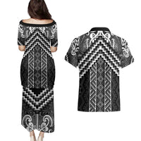 Maori Tukutuku Taniko Motifs Couples Matching Puletasi and Hawaiian Shirt Black Poutama Mix Kowhaiwhai