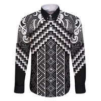 Maori Tukutuku Taniko Motifs Family Matching Long Sleeve Bodycon Dress and Hawaiian Shirt Black Poutama Mix Kowhaiwhai LT7 Dad's Shirt - Long Sleeve Black - Polynesian Pride