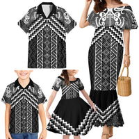 Maori Tukutuku Taniko Motifs Family Matching Mermaid Dress and Hawaiian Shirt Black Poutama Mix Kowhaiwhai LT7 - Polynesian Pride