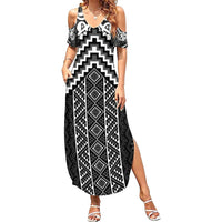Maori Tukutuku Taniko Motifs Family Matching Summer Maxi Dress and Hawaiian Shirt Black Poutama Mix Kowhaiwhai LT7 Mom's Dress Black - Polynesian Pride
