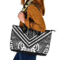 Maori Tukutuku Taniko Motifs Leather Tote Bag Black Poutama Mix Kowhaiwhai LT7 Black - Polynesian Pride