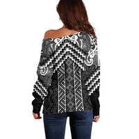 Maori Tukutuku Taniko Motifs Off Shoulder Sweater Black Poutama Mix Kowhaiwhai LT7 - Polynesian Pride