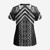 Maori Tukutuku Taniko Motifs Scrub Top Black Poutama Mix Kowhaiwhai - Polynesian Pride