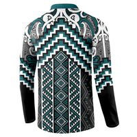 Maori Tukutuku Taniko Motifs Button Sweatshirt Teal Poutama Mix Kowhaiwhai