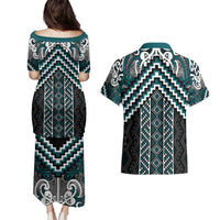 Maori Tukutuku Taniko Motifs Couples Matching Puletasi and Hawaiian Shirt Teal Poutama Mix Kowhaiwhai LT7 - Polynesian Pride