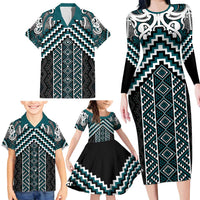 Maori Tukutuku Taniko Motifs Family Matching Long Sleeve Bodycon Dress and Hawaiian Shirt Teal Poutama Mix Kowhaiwhai LT7 - Polynesian Pride