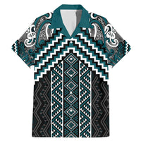 Maori Tukutuku Taniko Motifs Family Matching Mermaid Dress and Hawaiian Shirt Teal Poutama Mix Kowhaiwhai LT7 Dad's Shirt - Short Sleeve Teal - Polynesian Pride