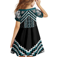 Maori Tukutuku Taniko Motifs Family Matching Off The Shoulder Long Sleeve Dress and Hawaiian Shirt Teal Poutama Mix Kowhaiwhai