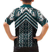 Maori Tukutuku Taniko Motifs Family Matching Off Shoulder Maxi Dress and Hawaiian Shirt Teal Poutama Mix Kowhaiwhai LT7 - Polynesian Pride