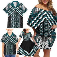 Maori Tukutuku Taniko Motifs Family Matching Off Shoulder Short Dress and Hawaiian Shirt Teal Poutama Mix Kowhaiwhai LT7 - Polynesian Pride