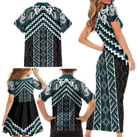 Maori Tukutuku Taniko Motifs Family Matching Short Sleeve Bodycon Dress and Hawaiian Shirt Teal Poutama Mix Kowhaiwhai LT7 - Polynesian Pride