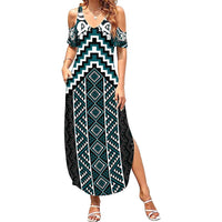 Maori Tukutuku Taniko Motifs Family Matching Summer Maxi Dress and Hawaiian Shirt Teal Poutama Mix Kowhaiwhai LT7 Mom's Dress Teal - Polynesian Pride