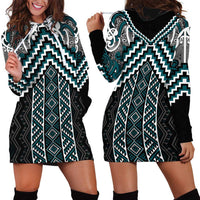 Maori Tukutuku Taniko Motifs Hoodie Dress Teal Poutama Mix Kowhaiwhai