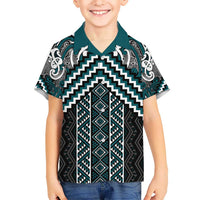 Maori Tukutuku Taniko Motifs Kid Hawaiian Shirt Teal Poutama Mix Kowhaiwhai LT7 Kid Teal - Polynesian Pride