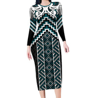 Maori Tukutuku Taniko Motifs Long Sleeve Bodycon Dress Teal Poutama Mix Kowhaiwhai