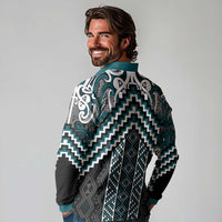 Maori Tukutuku Taniko Motifs Long Sleeve Polo Shirt Teal Poutama Mix Kowhaiwhai