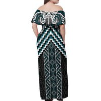 Maori Tukutuku Taniko Motifs Off Shoulder Maxi Dress Teal Poutama Mix Kowhaiwhai