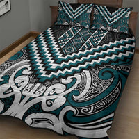 Maori Tukutuku Taniko Motifs Quilt Bed Set Teal Poutama Mix Kowhaiwhai