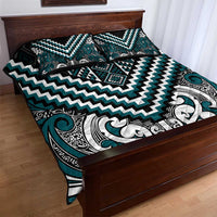 Maori Tukutuku Taniko Motifs Quilt Bed Set Teal Poutama Mix Kowhaiwhai