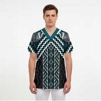 Maori Tukutuku Taniko Motifs Scrub Top Teal Poutama Mix Kowhaiwhai - Polynesian Pride