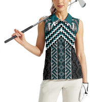 Maori Tukutuku Taniko Motifs Women Sleeveless Polo Shirt Teal Poutama Mix Kowhaiwhai