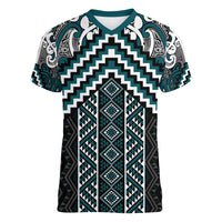 Maori Tukutuku Taniko Motifs Women V-Neck T-Shirt Teal Poutama Mix Kowhaiwhai LT7 Female Teal - Polynesian Pride