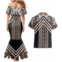 Maori Tukutuku Taniko Motifs Couples Matching Mermaid Dress and Hawaiian Shirt Brown Poutama Mix Kowhaiwhai LT7 - Polynesian Pride