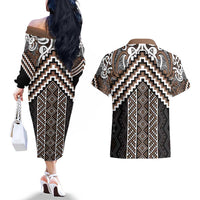 Maori Tukutuku Taniko Motifs Couples Matching Off The Shoulder Long Sleeve Dress and Hawaiian Shirt Brown Poutama Mix Kowhaiwhai