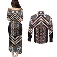 Maori Tukutuku Taniko Motifs Couples Matching Puletasi and Long Sleeve Button Shirt Brown Poutama Mix Kowhaiwhai