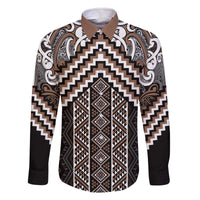 Maori Tukutuku Taniko Motifs Family Matching Off The Shoulder Long Sleeve Dress and Hawaiian Shirt Brown Poutama Mix Kowhaiwhai