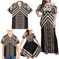 Maori Tukutuku Taniko Motifs Family Matching Off Shoulder Maxi Dress and Hawaiian Shirt Brown Poutama Mix Kowhaiwhai LT7 - Polynesian Pride