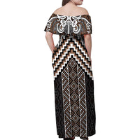 Maori Tukutuku Taniko Motifs Family Matching Off Shoulder Maxi Dress and Hawaiian Shirt Brown Poutama Mix Kowhaiwhai LT7 - Polynesian Pride