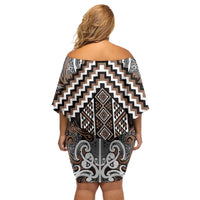 Maori Tukutuku Taniko Motifs Family Matching Off Shoulder Short Dress and Hawaiian Shirt Brown Poutama Mix Kowhaiwhai LT7 - Polynesian Pride