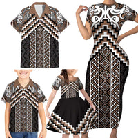Maori Tukutuku Taniko Motifs Family Matching Short Sleeve Bodycon Dress and Hawaiian Shirt Brown Poutama Mix Kowhaiwhai LT7 - Polynesian Pride
