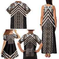 Maori Tukutuku Taniko Motifs Family Matching Tank Maxi Dress and Hawaiian Shirt Brown Poutama Mix Kowhaiwhai LT7 - Polynesian Pride