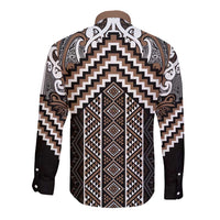 Maori Tukutuku Taniko Motifs Long Sleeve Button Shirt Brown Poutama Mix Kowhaiwhai LT7 - Polynesian Pride