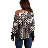 Maori Tukutuku Taniko Motifs Off Shoulder Sweater Brown Poutama Mix Kowhaiwhai