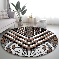 Maori Tukutuku Taniko Motifs Round Carpet Brown Poutama Mix Kowhaiwhai