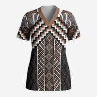 Maori Tukutuku Taniko Motifs Scrub Top Brown Poutama Mix Kowhaiwhai - Polynesian Pride