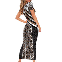 Maori Tukutuku Taniko Motifs Short Sleeve Bodycon Dress Brown Poutama Mix Kowhaiwhai