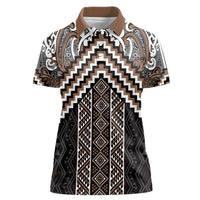 Maori Tukutuku Taniko Motifs Women Polo Shirt Brown Poutama Mix Kowhaiwhai