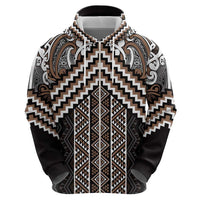 Maori Tukutuku Taniko Motifs Zip Hoodie Brown Poutama Mix Kowhaiwhai