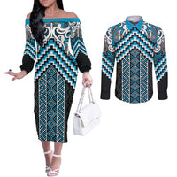 Maori Tukutuku Taniko Motifs Couples Matching Off The Shoulder Long Sleeve Dress and Long Sleeve Button Shirt Turquoise Poutama Mix Kowhaiwhai LT7 Turquoise - Polynesian Pride