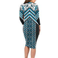 Maori Tukutuku Taniko Motifs Family Matching Long Sleeve Bodycon Dress and Hawaiian Shirt Turquoise Poutama Mix Kowhaiwhai LT7 - Polynesian Pride