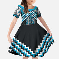 Maori Tukutuku Taniko Motifs Family Matching Off The Shoulder Long Sleeve Dress and Hawaiian Shirt Turquoise Poutama Mix Kowhaiwhai